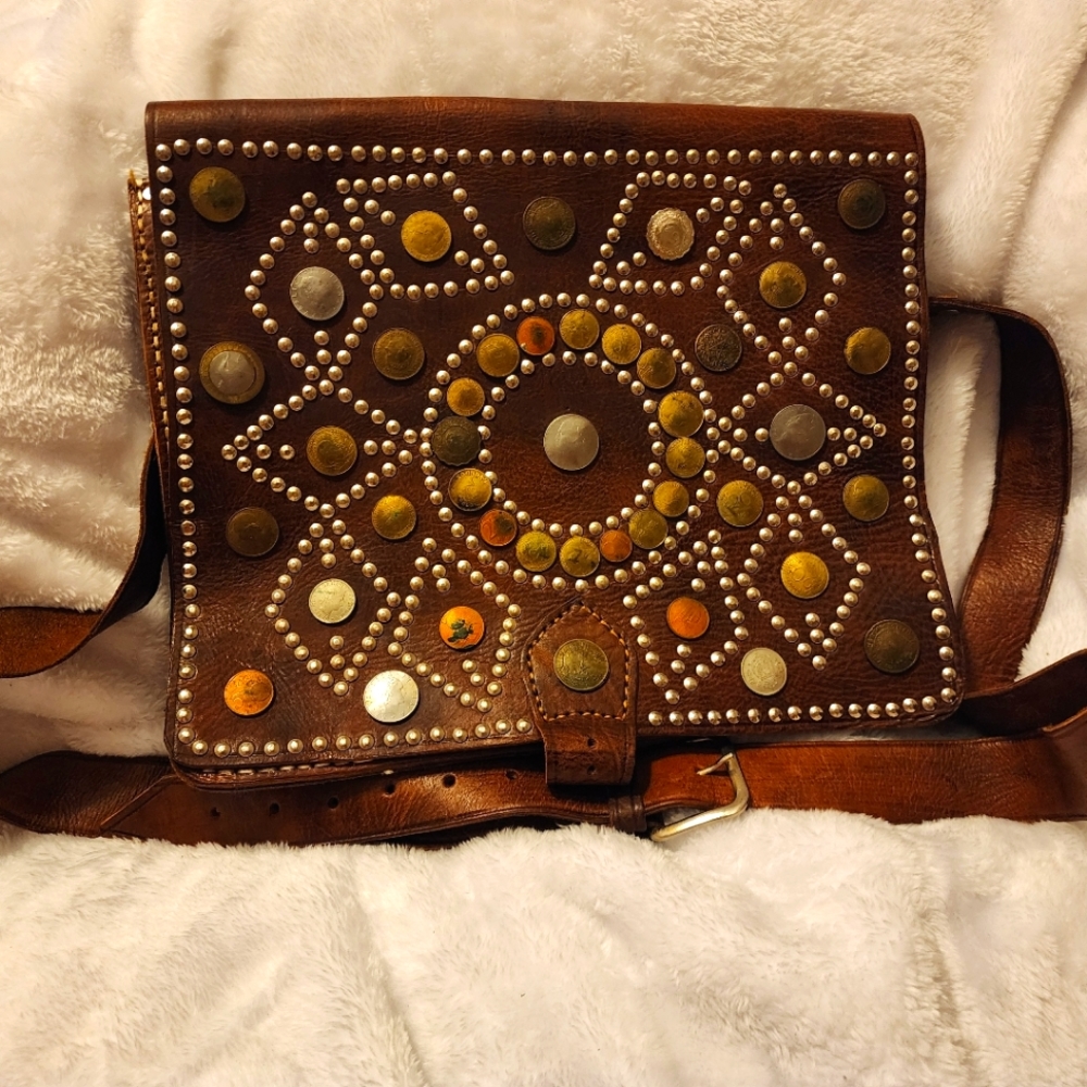 Rare, beautiful Handmade Messenger Bag / Letter Carrier in Brown Leather & Coins
